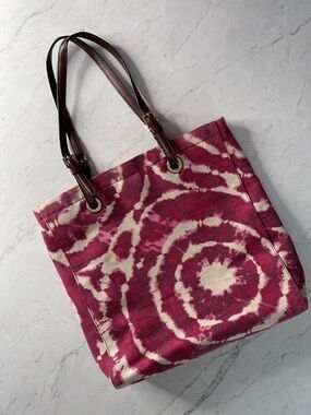 Michael Kors Pink/Cream Tie-Dye Swirl Canvas Tote Bag with Brown Leather Straps